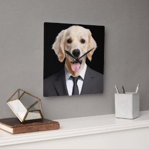 Golden Retriever In a Suit Square Wall Clock