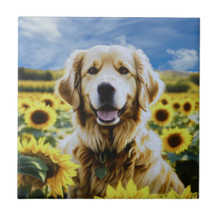 Golden Retriever in a Sunflower Field Ceramic Tile