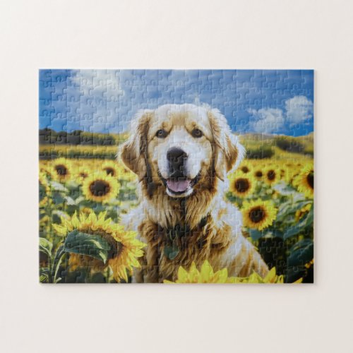 Golden Retriever in a Sunflower Field Jigsaw Puzzle