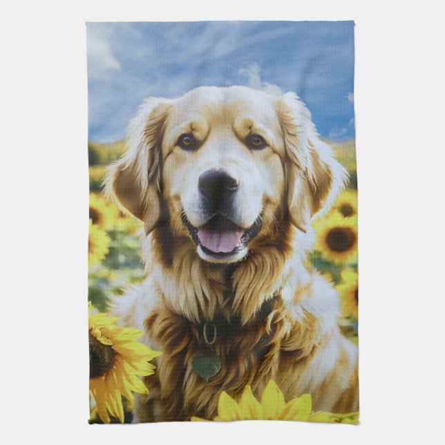 Golden Retriever in a Sunflower Field Kitchen Towel (Vertical)