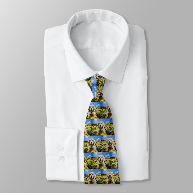 Golden Retriever in a Sunflower Field Neck Tie (Tied)