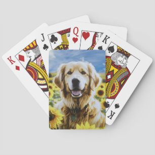 Golden Retriever in a Sunflower Field Poker Cards