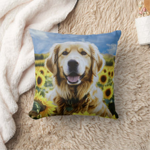 Golden Retriever in a Sunflower Field Throw Pillow
