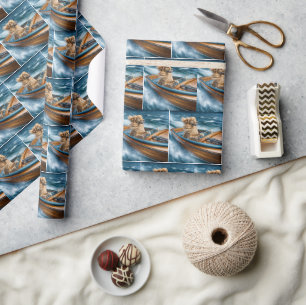 Golden Retriever In a Vintage Wooden Boat Wrapping Paper