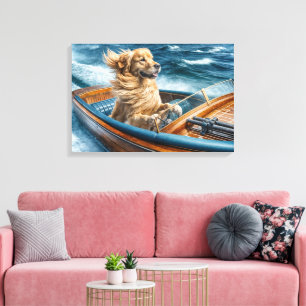 Golden Retriever In a Vintage Wooden Motorboat Canvas Print