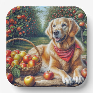 Golden Retriever In Apple Orchard Paper Plates