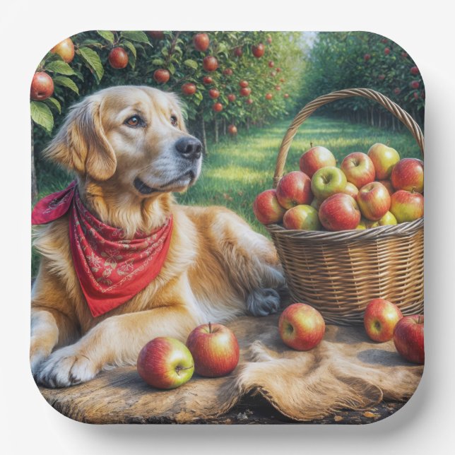 Golden Retriever In Apple Orchard Paper Plates (Front)