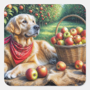 Golden Retriever In Apple Orchard Square Sticker