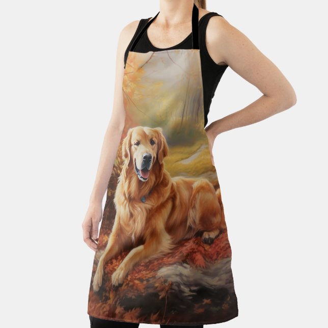 Golden Retriever in Autumn Leaves Fall Inspire  Apron (Insitu)
