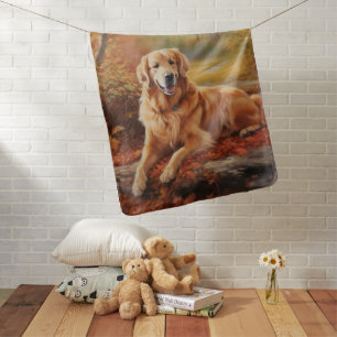 Golden Retriever in Autumn Leaves Fall Inspire Baby Blanket