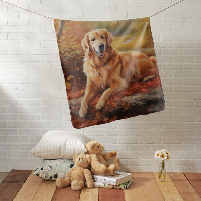 Golden Retriever in Autumn Leaves Fall Inspire  Baby Blanket (In Situ)