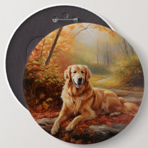 Golden Retriever in Autumn Leaves Fall Inspire  Button