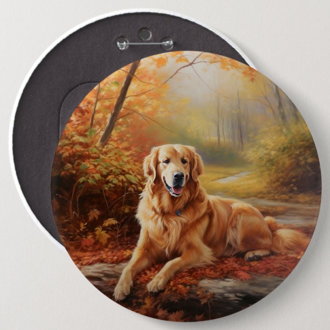 Golden Retriever in Autumn Leaves Fall Inspire  Button (Front & Back)