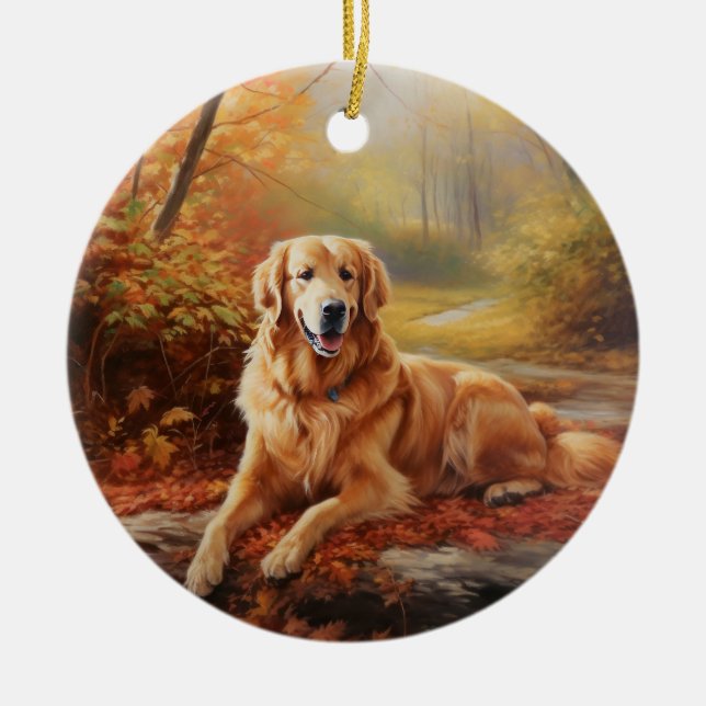 Golden Retriever in Autumn Leaves Fall Inspire  Ceramic Ornament (Front)