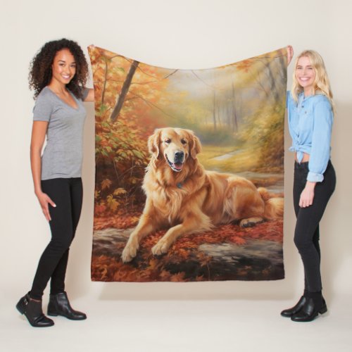 Golden Retriever in Autumn Leaves Fall Inspire  Fleece Blanket