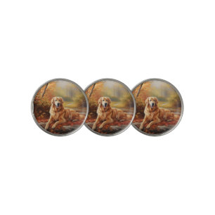 Golden Retriever in Autumn Leaves Fall Inspire Golf Ball Marker