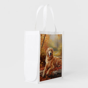 Golden Retriever in Autumn Leaves Fall Inspire Grocery Bag