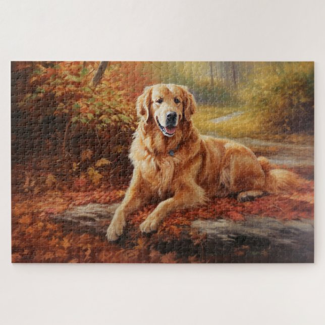 Golden Retriever in Autumn Leaves Fall Inspire  Jigsaw Puzzle (Horizontal)