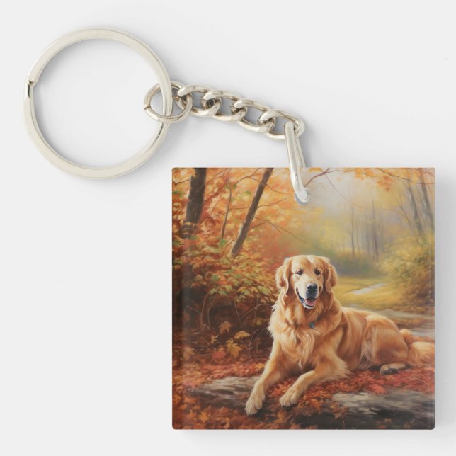 Golden Retriever in Autumn Leaves Fall Inspire  Keychain (Front)