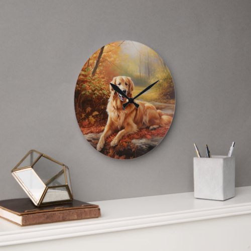 Golden Retriever in Autumn Leaves Fall Inspire  Large Clock