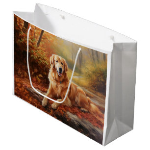Golden Retriever in Autumn Leaves Fall Inspire Large Gift Bag