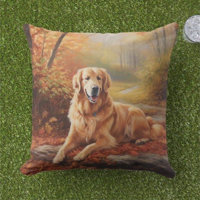 Golden Retriever in Autumn Leaves Fall Inspire  Outdoor Pillow (Grass)