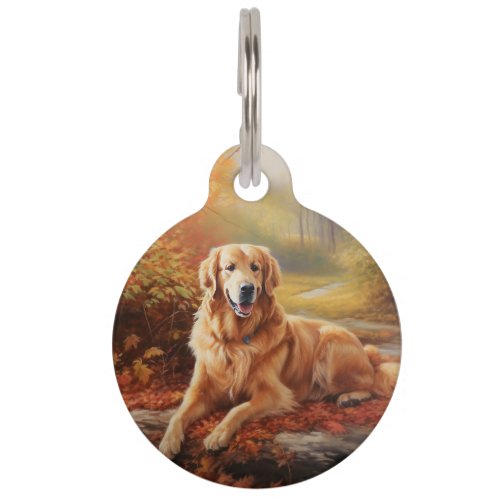 Golden Retriever in Autumn Leaves Fall Inspire  Pet ID Tag