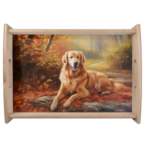 Golden Retriever in Autumn Leaves Fall Inspire  Serving Tray