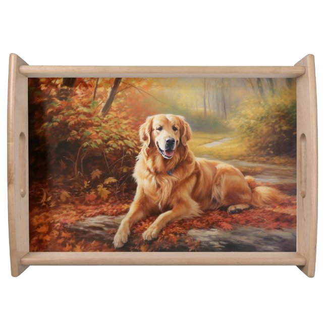 Golden Retriever in Autumn Leaves Fall Inspire  Serving Tray (Front)