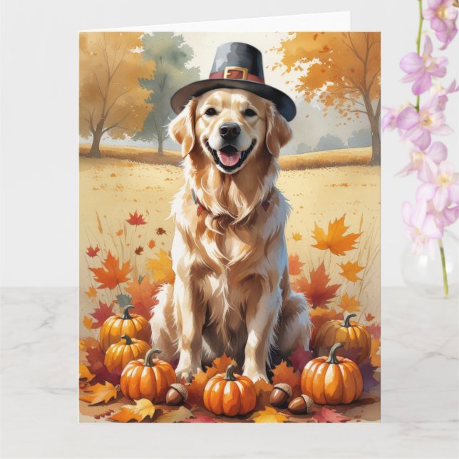 Golden Retriever In Autumn Leaves Thanksgiving Art Card (Orchid)