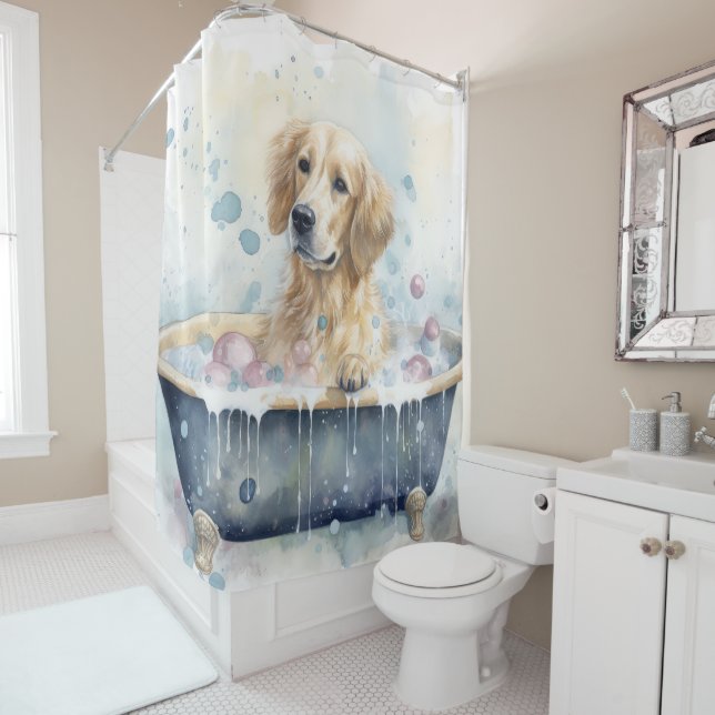 Golden Retriever In Bathtub Watercolor Dog Art Shower Curtain (In Situ)