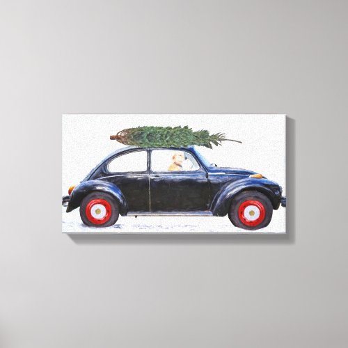 Golden Retriever in black car with Christmas tree Canvas Print
