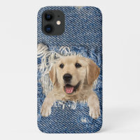 golden retriever in blue denim hole
