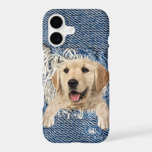 golden retriever in blue denim hole iPhone 17 case