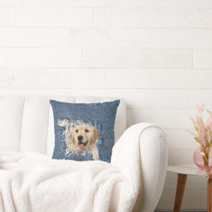 Golden Retriever in Blue Jean Hole Throw Pillow