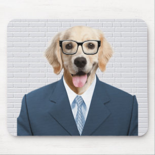 golden retriever in business suit mouse pad