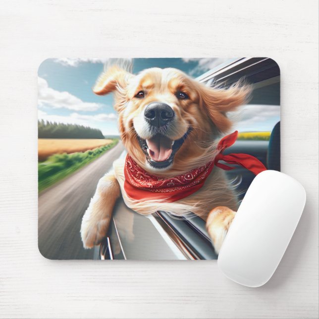 Golden Retriever In Car Window Mouse Pad (With Mouse)