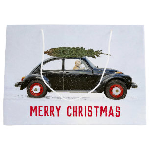 Golden Retriever In Car with Christmas Tree Large  Gift Bag