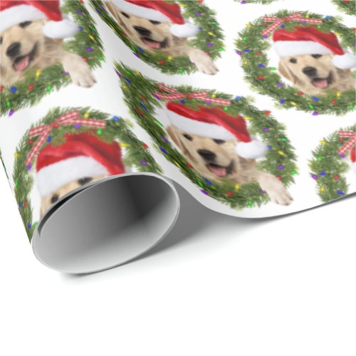 Golden Retriever in Christmas wreath and lights Wrapping Paper