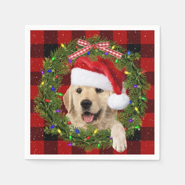 Golden Retriever In Christmas Wreath Napkins (Front)