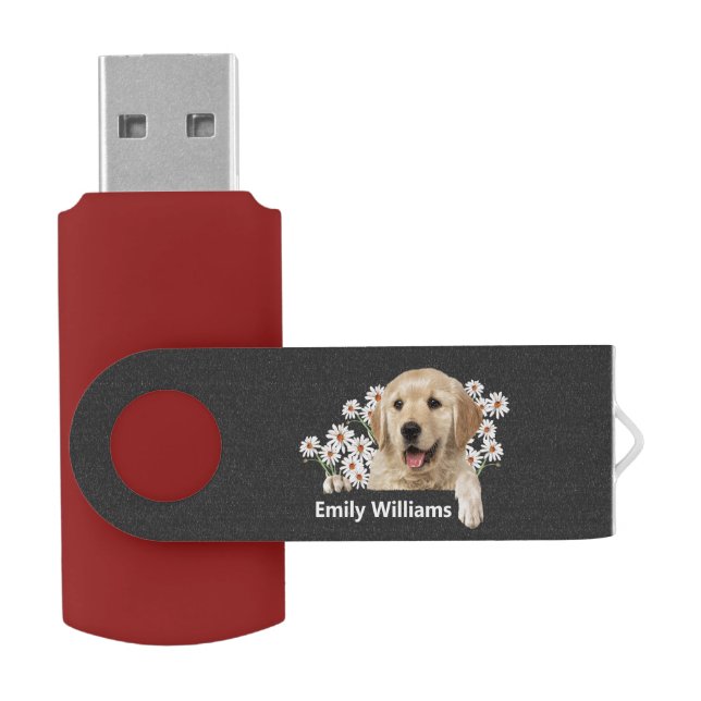 Golden Retriever In Daises with Name Flash Drive (Opened)