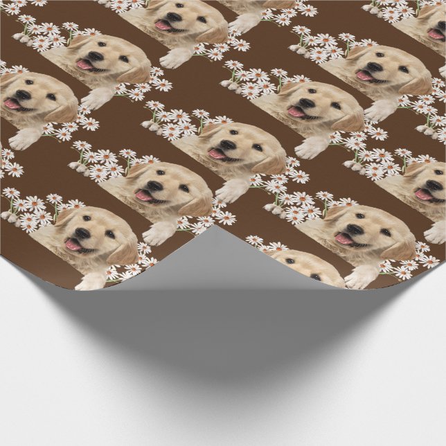 Golden Retriever in daisies on brown Wrapping Paper (Corner)