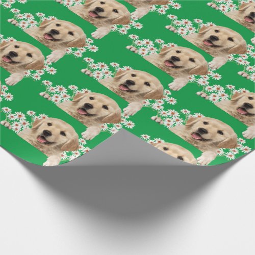 Golden Retriever in daisies on green Wrapping Paper