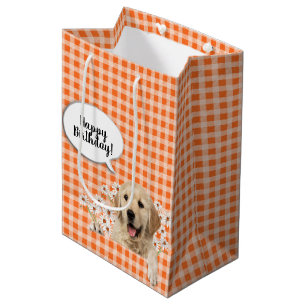 Golden Retriever in daisies on orange gingham Medium Gift Bag