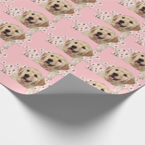 Golden Retriever in daisies on pink Wrapping Paper