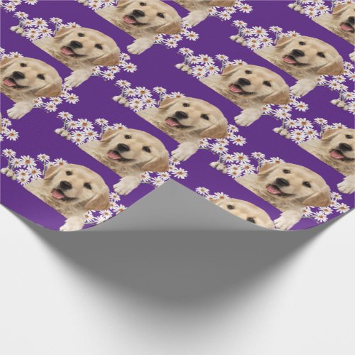 Golden Retriever in daisies on purple Wrapping Paper