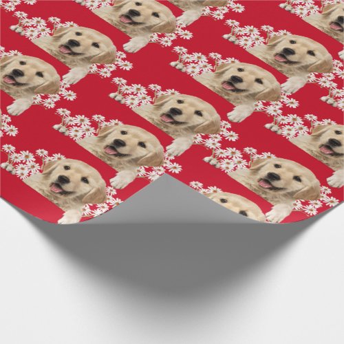 Golden Retriever in daisies on red Wrapping Paper