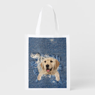 Golden Retriever in Denim Hole Grocery Bag