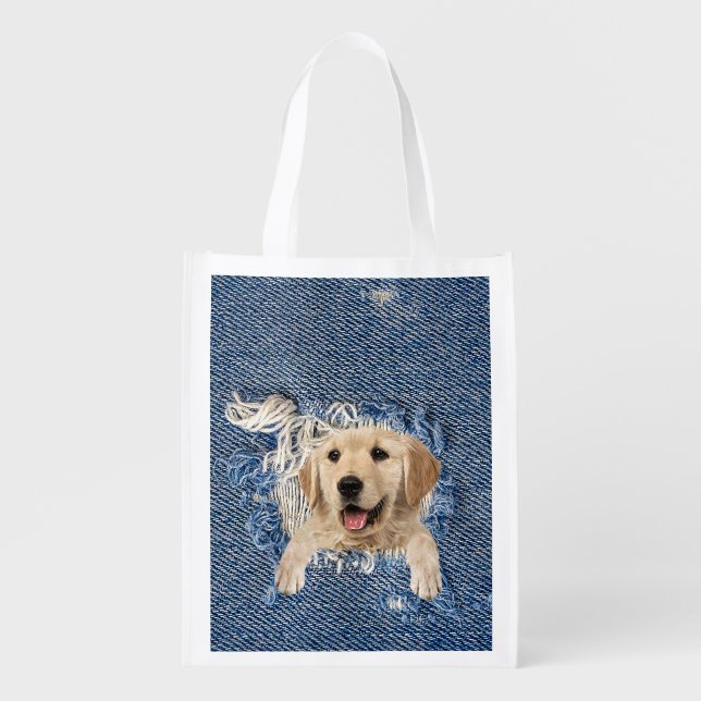 Golden Retriever in Denim Hole Grocery Bag (Front)