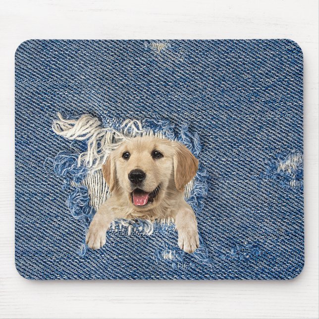 Golden Retriever in Denim Hole Mouse Pad (Front)